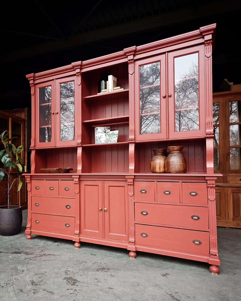 Antieke wijnrode winkelkast | buffetkast Grenenhout #2659, Niet ingevuld, Gebruikt, Met deur(en), 200 cm of meer