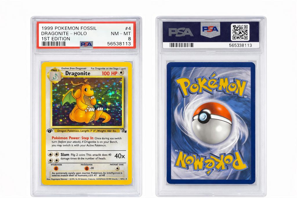 1999 Pokémon Fossil Dragonite Holo 1st Edition PSA 8, Ophalen of Verzenden, Zo goed als nieuw, Losse kaart, Foil