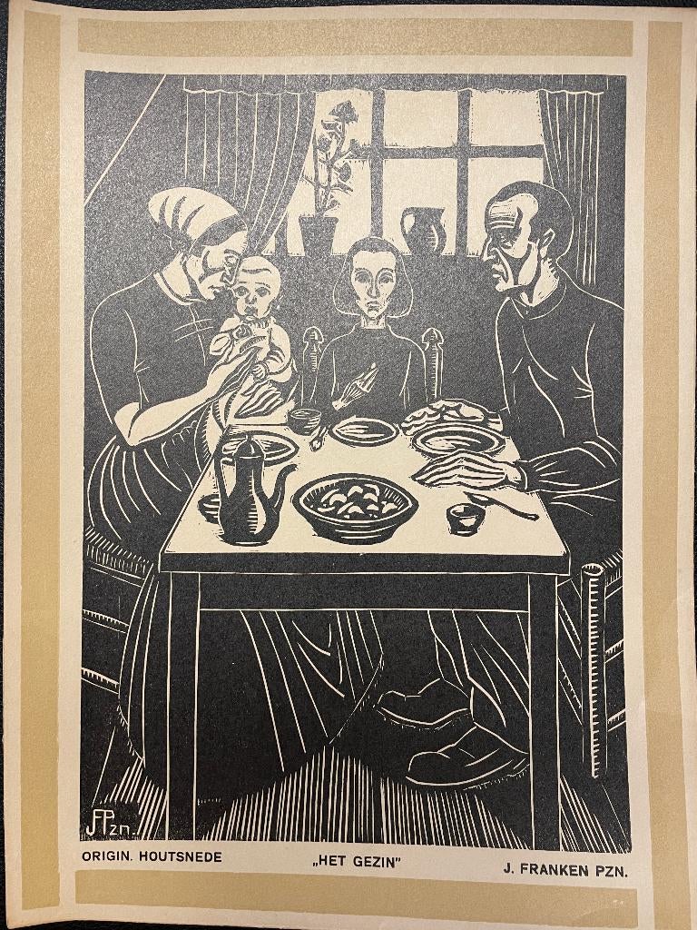 J. Francken Pzn. (1896-1977) Houtsnede 'Het gezin', Antiek en Kunst, Kunst | Etsen en Gravures, Ophalen of Verzenden