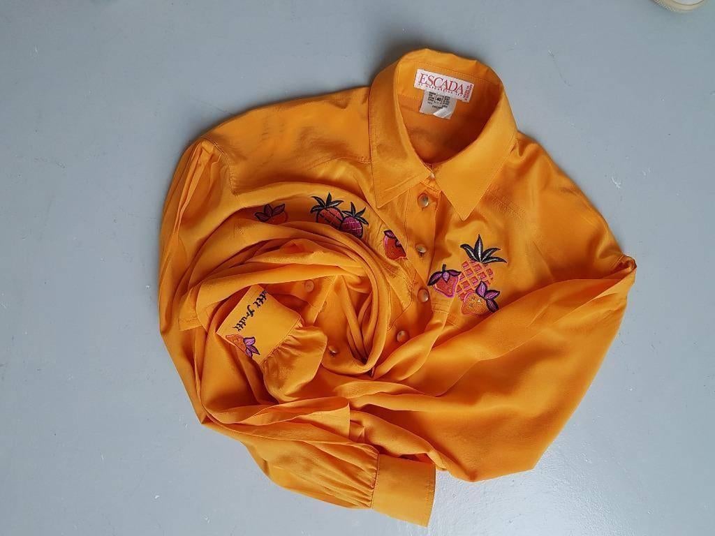Vintage Escada Silk Blouse – "Tutti Frutti" – 100% Zijde, Maat 38/40 (M), Verzenden, Geel, Escada