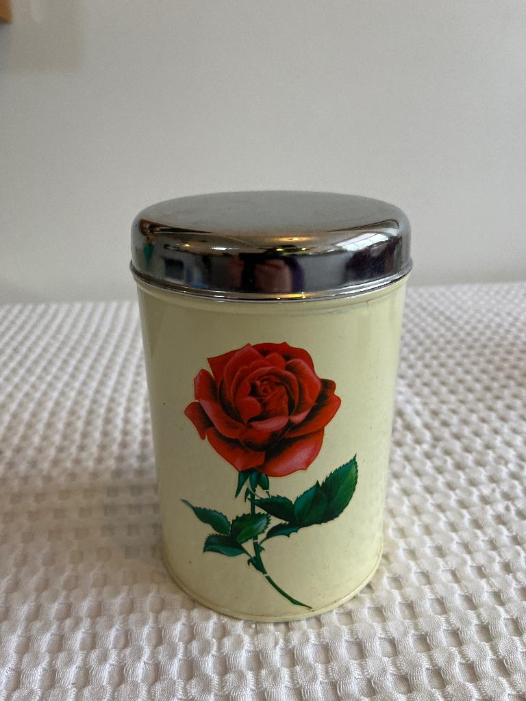 Vintage Brabantia voorraadblik rozenmotief (1)., Verzamelen, Blikken, Ophalen of Verzenden, Gebruikt, Overige, Overige merken