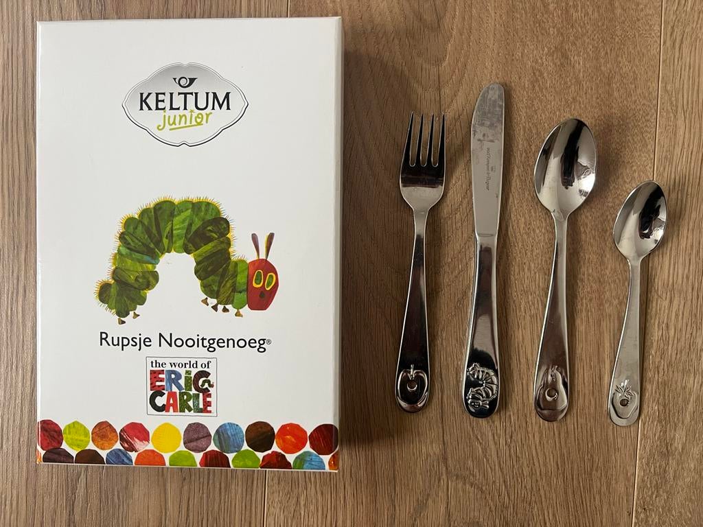 Rupsje Nooitgenoeg Keltum Kinderbestek 4-delig, Ophalen of Verzenden, Gebruikt, Kraamcadeau