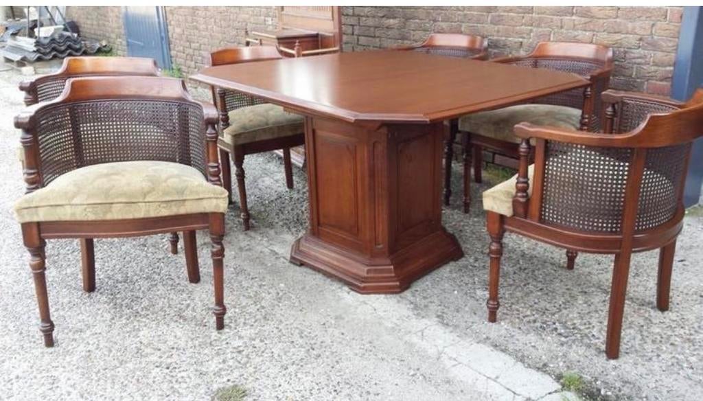 Klassieke eiken stoelen en tafel set, Huis en Inrichting, Stoelen, Ophalen, Gebruikt, Bruin, Stof