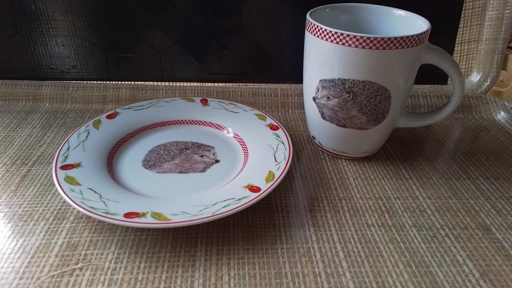 Theo beker en schotel egeltje, Ophalen of Verzenden, Zo goed als nieuw, Overige stijlen, Kop(pen) en/of Schotel(s)