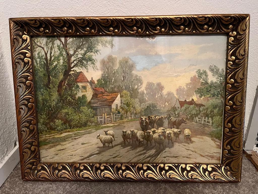 Antiek Schilderij met landschap, schapen en koeien, Antiek en Kunst, Kunst | Schilderijen | Klassiek, Ophalen
