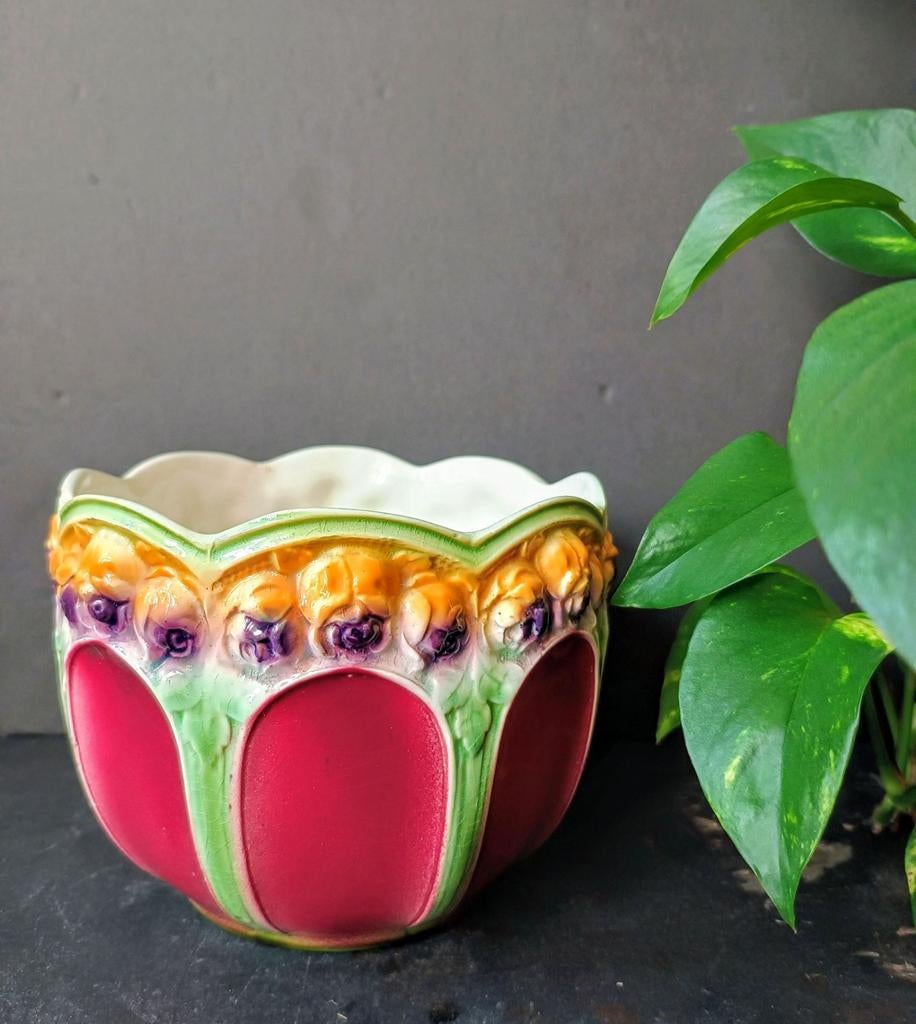 Jugendstil majolica bloempot, gemerkt Warnow, Antiek en Kunst, Antiek | Keramiek en Aardewerk, Ophalen of Verzenden