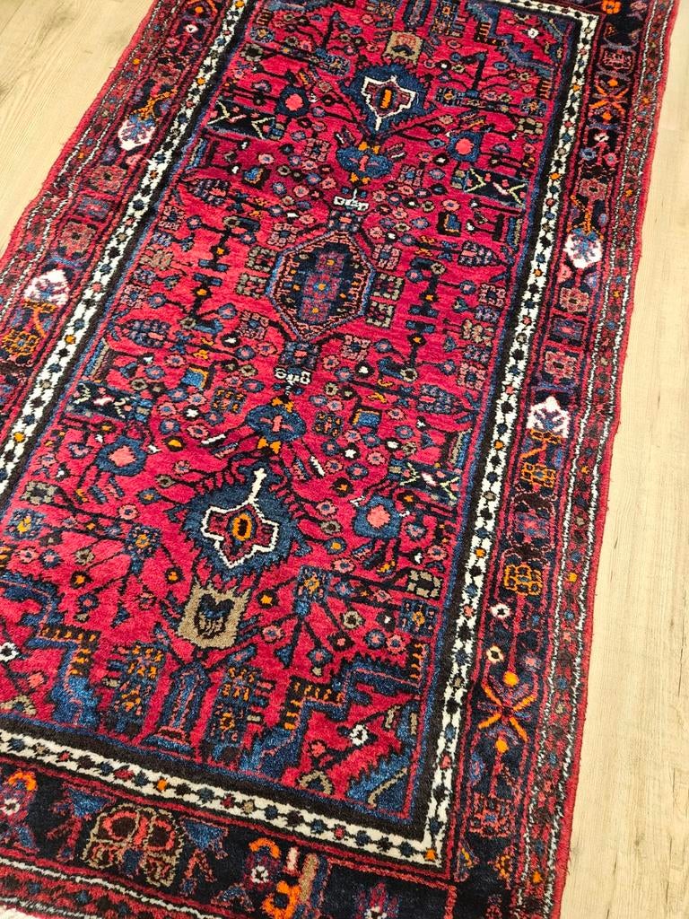 Vintage handgeknoopt perzisch tapijt hamadan 196x106, Info@SlatsAntiek.nl, Tweedehands, 100 tot 150 cm, Perzisch