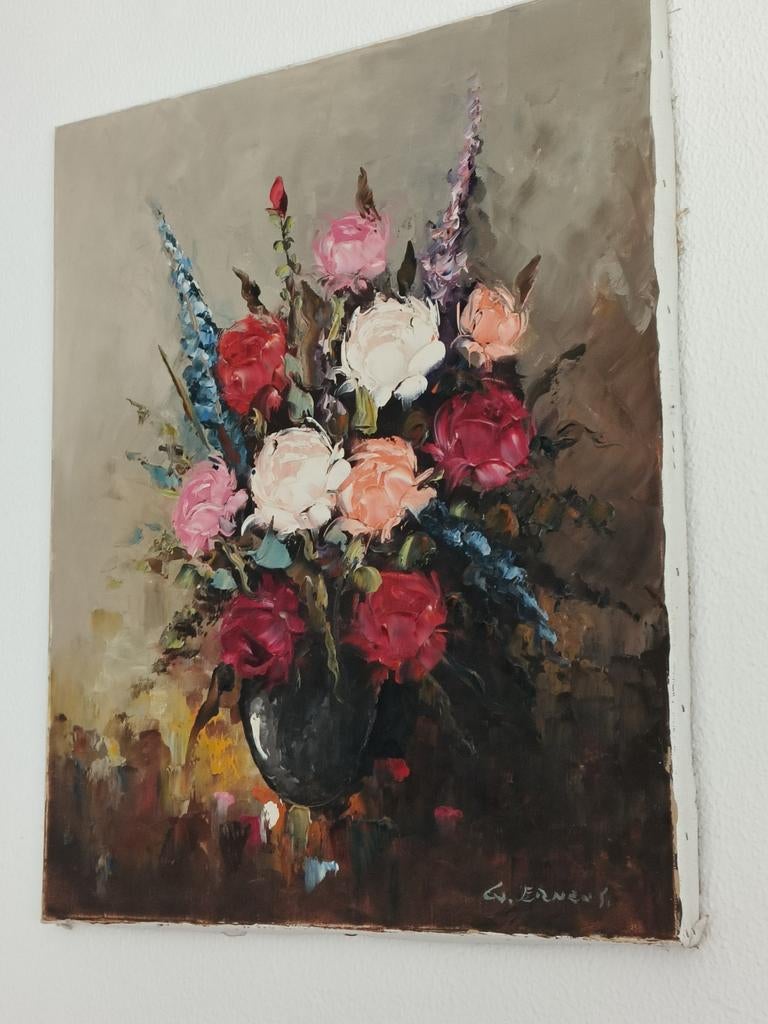 Schilderij bloemen in vaas, gesigneerd G. Ernens, Antiek en Kunst, Kunst | Schilderijen | Klassiek, Ophalen of Verzenden