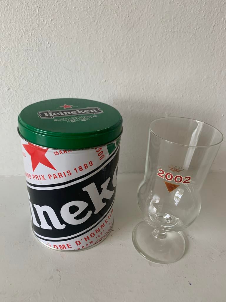 Heineken blik met speciaal glas 2002, Ophalen of Verzenden, Gebruikt, Glas of Glazen, Heineken