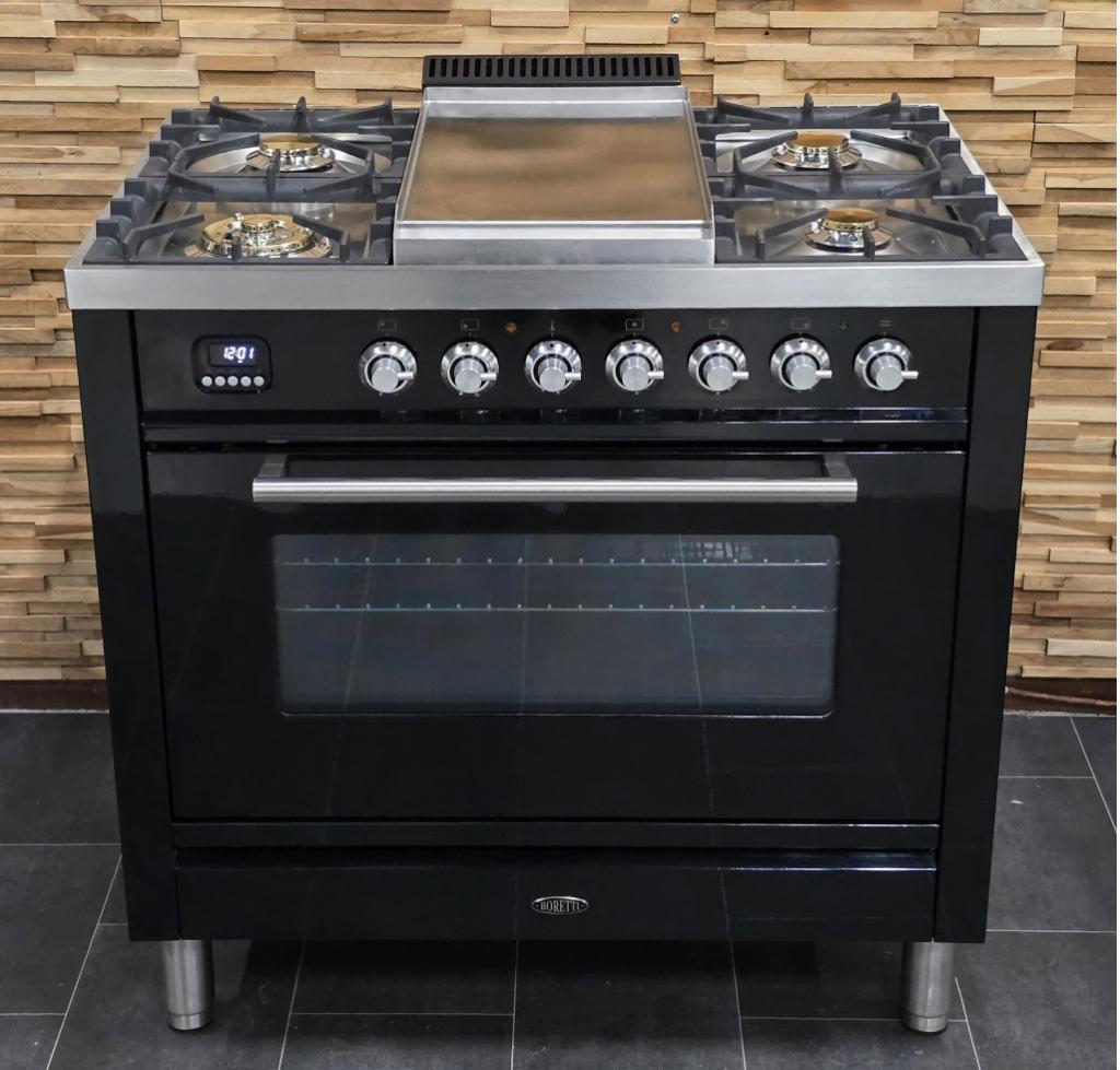 Luxe Fornuis Boretti 90cm hoogglans zwart + rvs 300 oven, Niet ingevuld, 60 cm of meer, Niet ingevuld, Ophalen of Verzenden