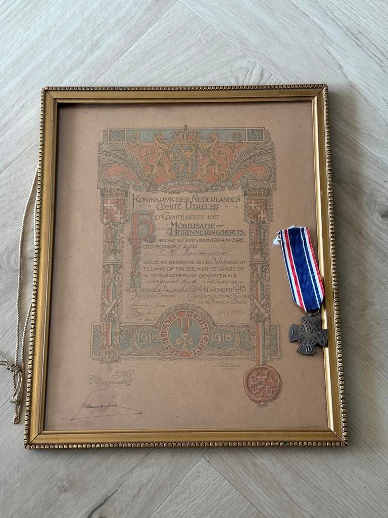 Nederlands Mobilisatiekruis 1914-1918 oorkone en medaille, Ophalen, Landmacht, Nederland, Lintje, Medaille of Wings
