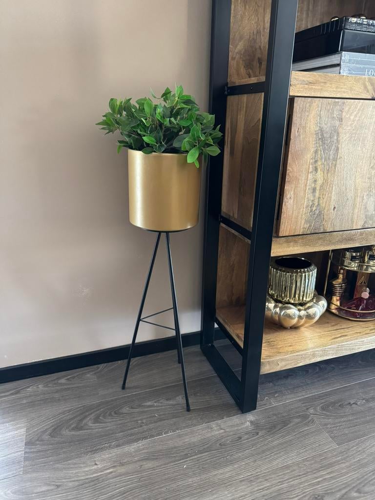 Planten standaard goud / zwart met kunstplant, Huis en Inrichting, Woonaccessoires | Zuilen en Pilaren, Ophalen, Zo goed als nieuw