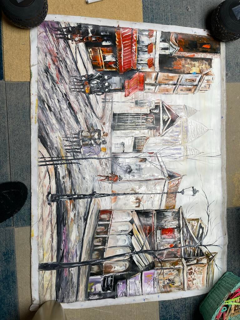 Stadsgezicht Vietnam, geschilderd doek, Ophalen of Verzenden