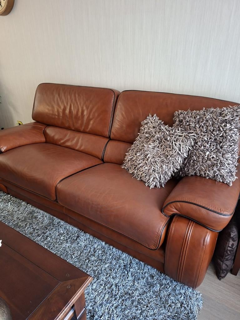 Leder bankstel met 2 fauteuils en 1 poef, Ophalen, Gebruikt, 125 cm of meer, Vierkant