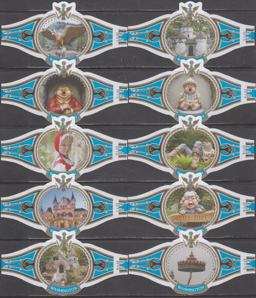 Sigarenbanden van de Efteling, Washington EFT1-10 blauw-wit, Verzamelen, Rookartikelen, Aanstekers en Luciferdoosjes, Ophalen of Verzenden