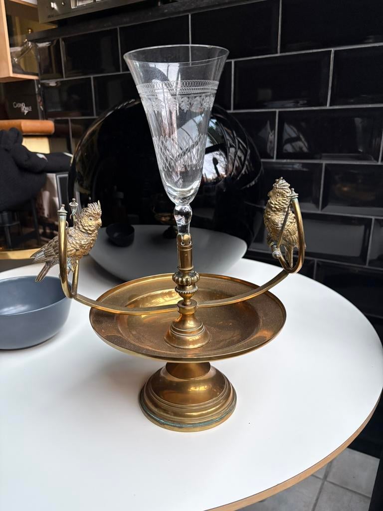 Antieke champagnekristalglas houder papegaaien (LEES ADV), Ophalen of Verzenden