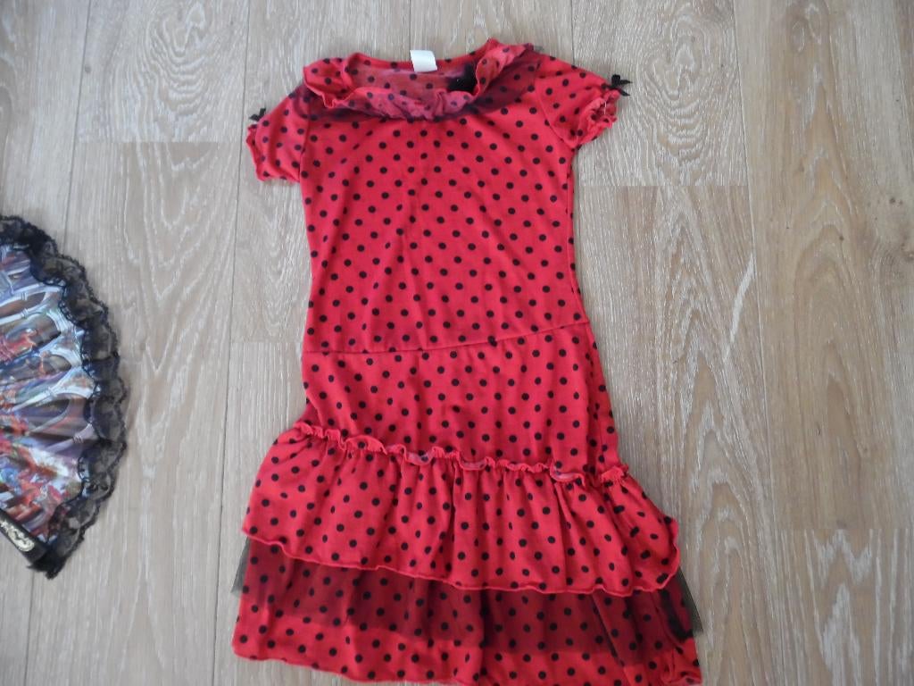 Spaans jurkje trico rood zwart maat 122/128 met waaier, Ophalen of Verzenden, Zo goed als nieuw, 122 t/m 128, Meisje