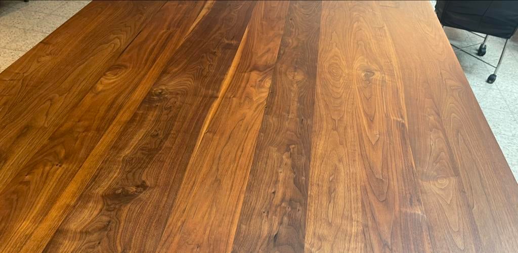 Eettafel Sapura massief noten (van der Donk), Ophalen, 100 tot 150 cm, 200 cm of meer, Zo goed als nieuw