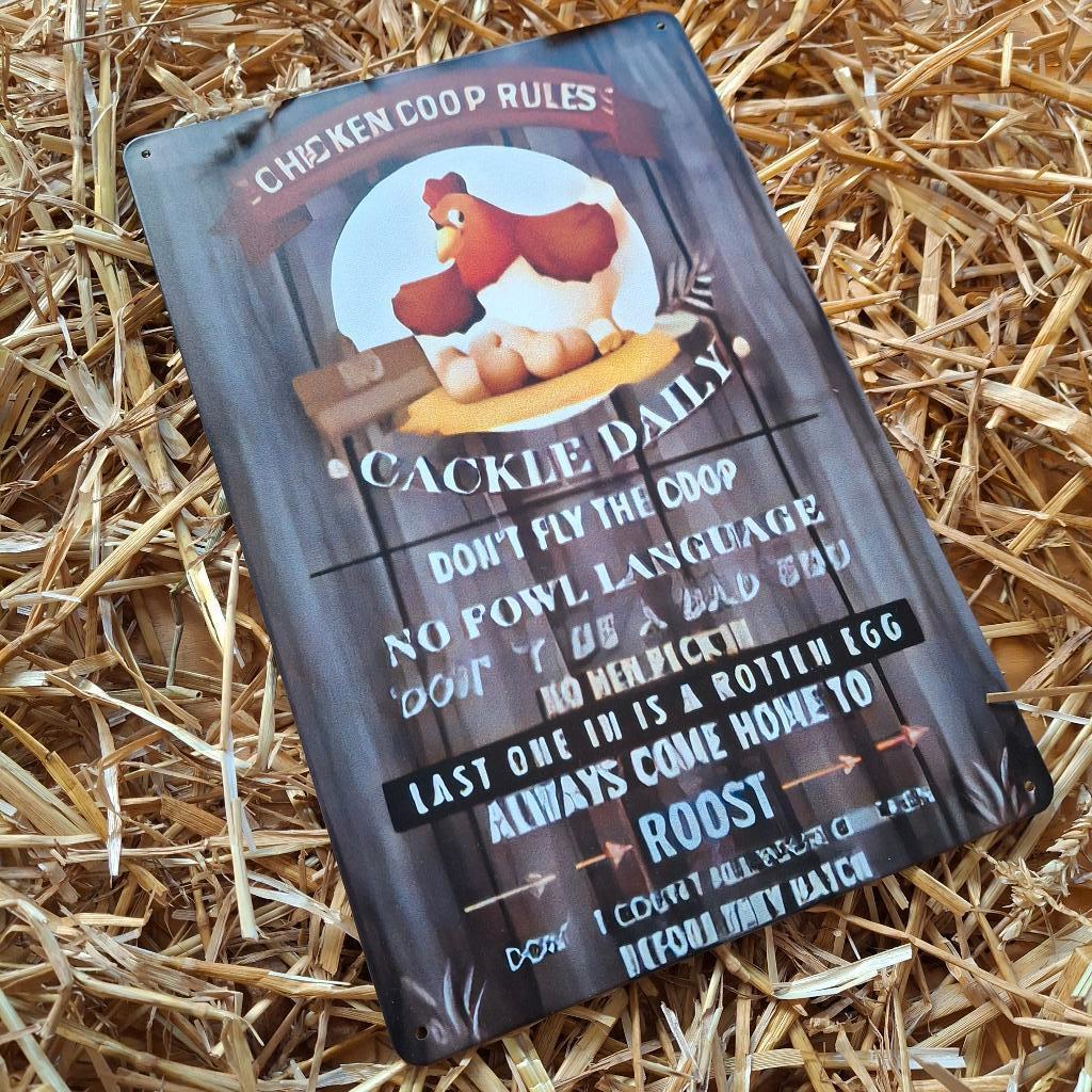 Chicken Coop Rules metalen wandplaat, Huis en Inrichting, Ophalen of Verzenden, Zo goed als nieuw