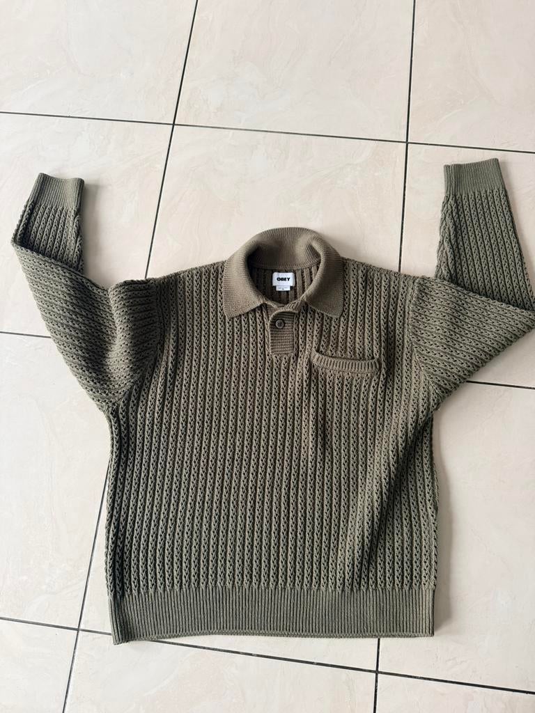 Obey grofgebreide polo met borstzak, Kleding | Heren, Ophalen of Verzenden, Nieuw, Maat 48/50 (M), Groen