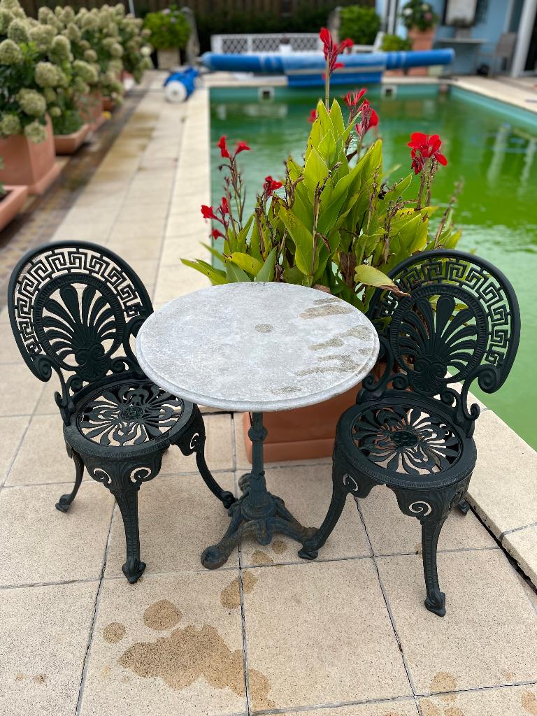 Mooi zeldzaam antiek bistroset – tafel met 2 stoelen, Ophalen