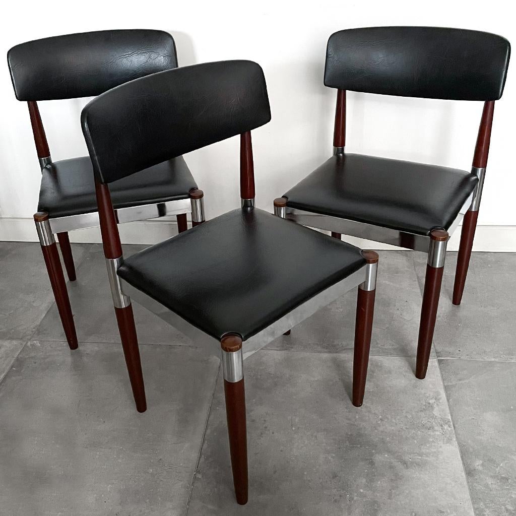 Drie vintage, midcentury stoelen, zwarte skai, hout, Ophalen, Gebruikt, Zwart, -