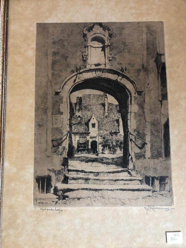 H. E. Roodenburg 1927 ets van Oud Hofje no 51, Ingelijst, Ets, Architectuur, Ophalen of Verzenden