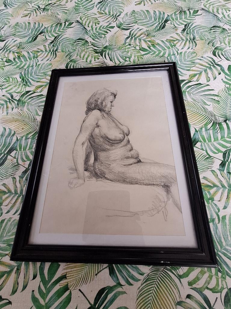 Tekenjng naakte vrouw 35x45 cm.lijst, Ophalen of Verzenden