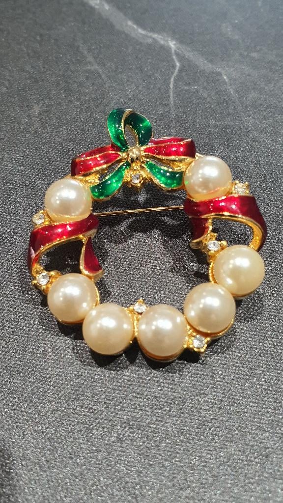 Vintage Kerstkrans Broche Parels & Strass, Ophalen of Verzenden, Zo goed als nieuw, Goud, Overige materialen