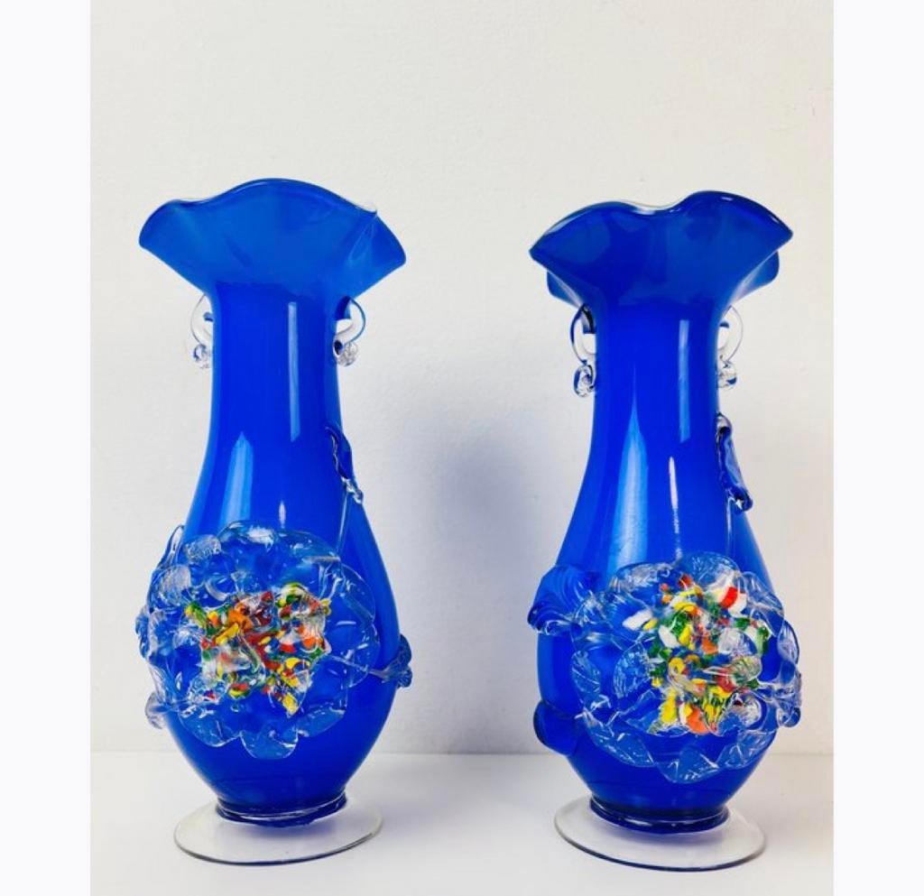 Set van twee blauwe Murano vazen met kleurrijk, Ophalen