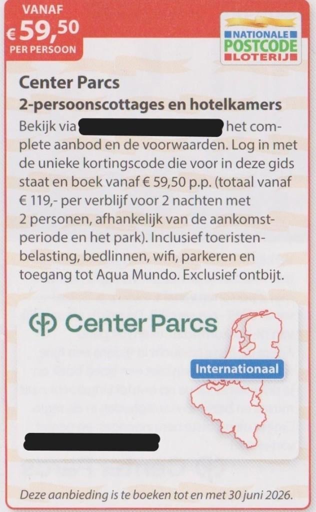 Center Parcs 2-persoonscottages en hotelkamers. € 59,50 p.p., Twee personen, 2 overnachtingen
