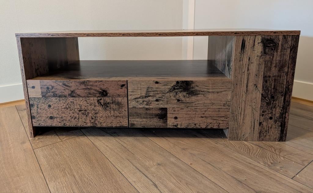 Salontafel met twee lades, oud hout look, Ophalen, 100 tot 150 cm, 50 tot 100 cm, Zo goed als nieuw