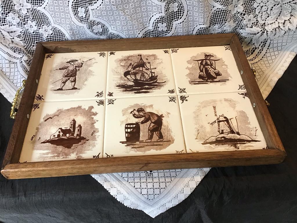 Vintage houten dienblad met messing handvatten, Ophalen of Verzenden