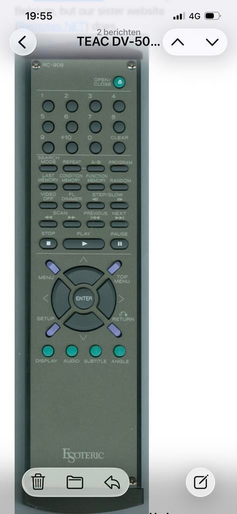 GEZOCHT: Afstandsbediening voor Teac / Esoteric DV-50, Ophalen of Verzenden