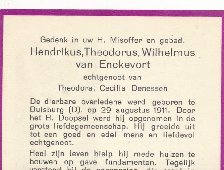 Duisburg 1911-Arcen 1968 Hendrikus v. Enckevort/ TH Denessen, Verzamelen, Ophalen of Verzenden, Bidprentje