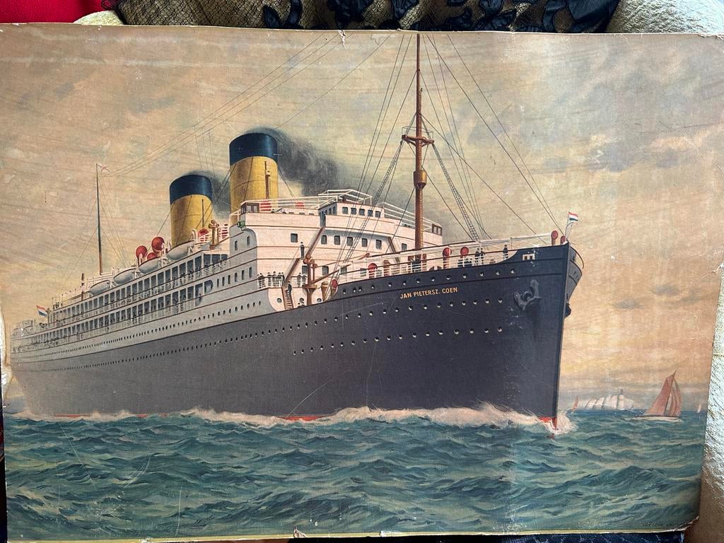 Prent Rederij schip koopvaardij Amsterdam Jan Pieterz Coen, Verzamelen, Ophalen of Verzenden, Gebruikt, Kaart, Foto of Prent