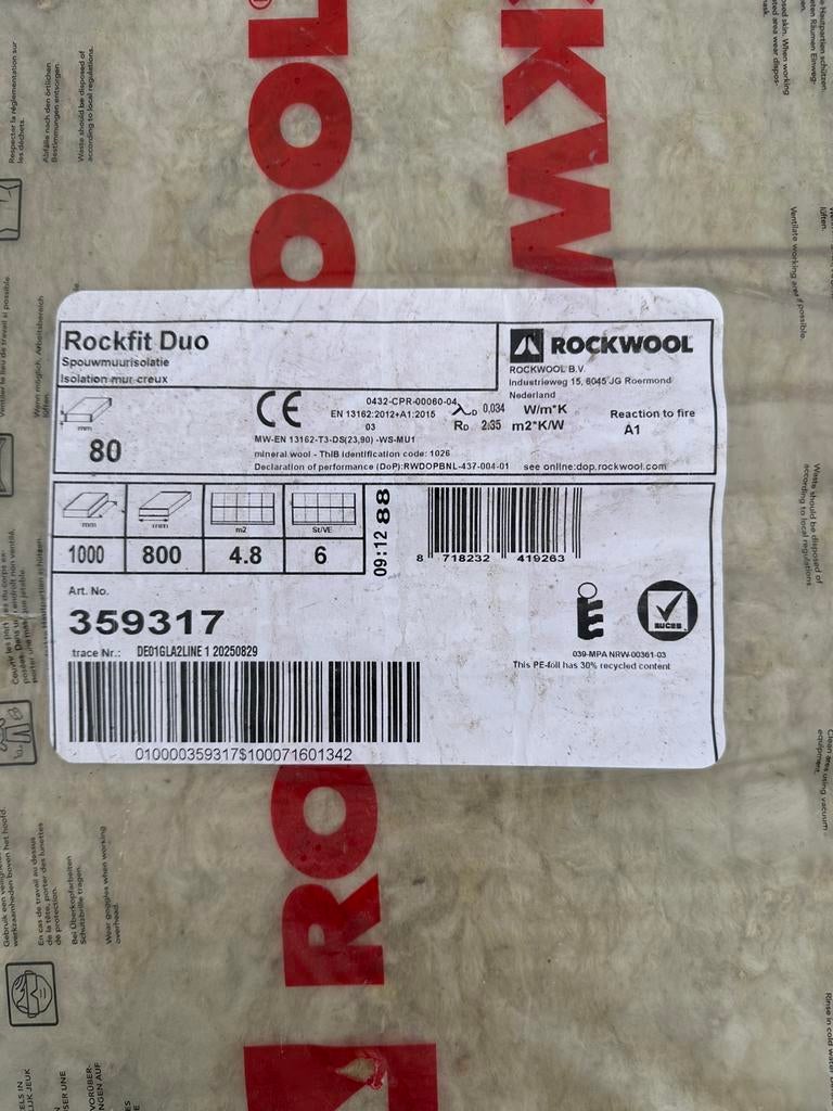 Rockwool isolatie, 4 tot 8 cm, Steenwol, Ophalen of Verzenden, Zo goed als nieuw