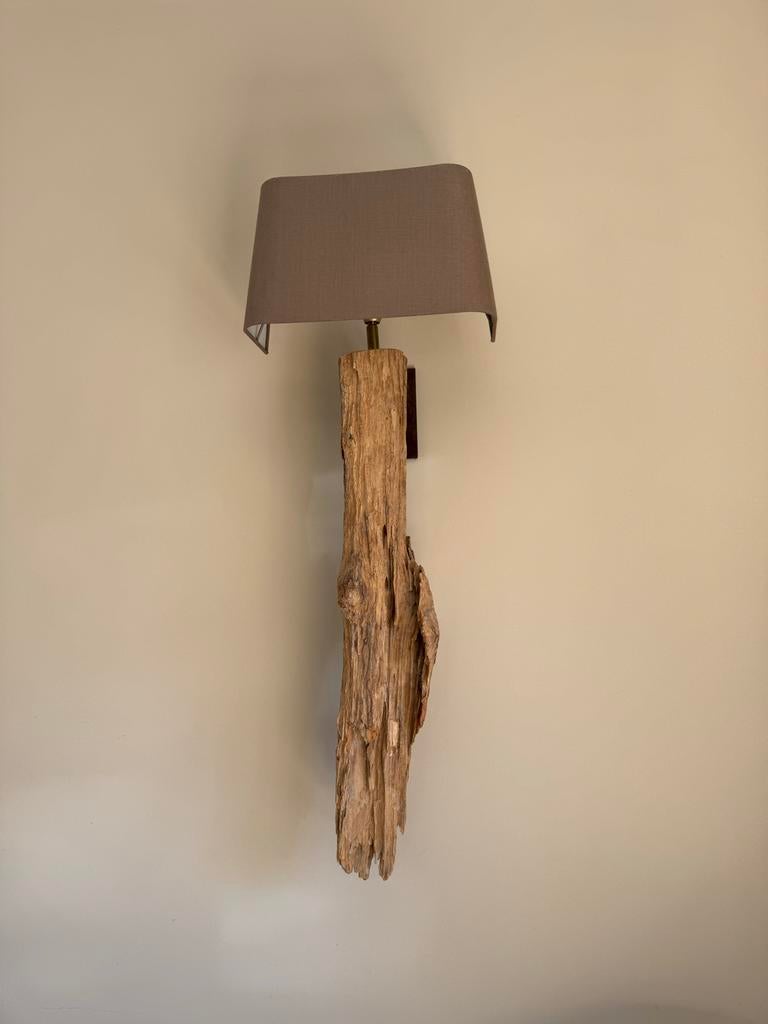 Wandlamp met linnen kap en houten voet, Hout, Ophalen of Verzenden, Bruin, Gebruikt