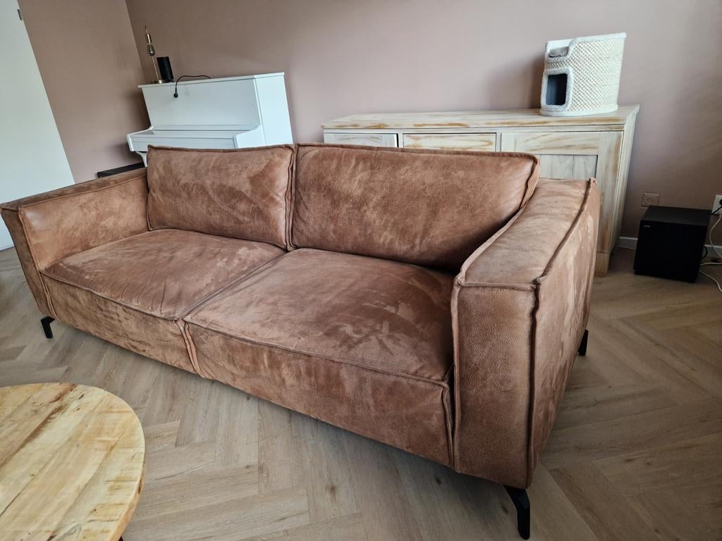 Stevige cognac microvezel leer 4-zits bank, Ophalen, Zo goed als nieuw, Rechte bank, Industrieel, klassiek, modern, huiselijk