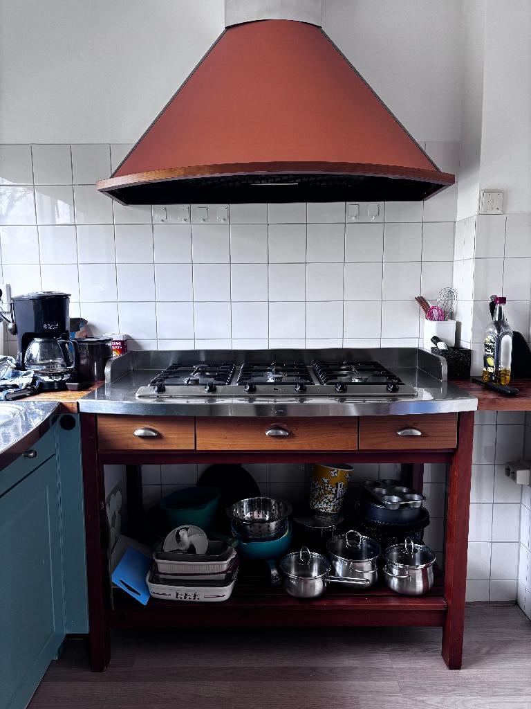 Foster gasfornuis 6 pits met design afzuigkap, Witgoed en Apparatuur, Fornuizen, Gebruikt, Vrijstaand, Gas, 5 kookzones of meer