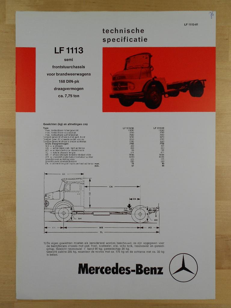 Mercedes LF 1113 Torpedo Brandweer 1976 Specificatie Folder, Zo goed als nieuw, Mercedes-Benz, Mercedes, Ophalen of Verzenden