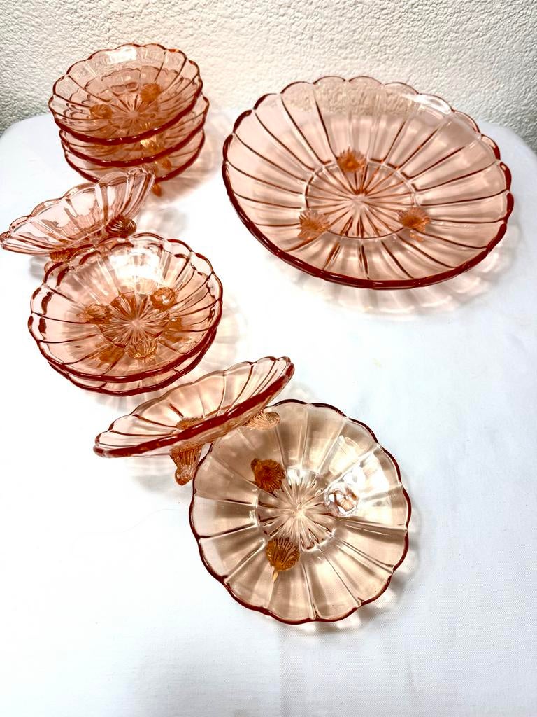 Vintage Roze Glazen Schaal en 8 Schaaltjes op Pootjes, Ophalen of Verzenden