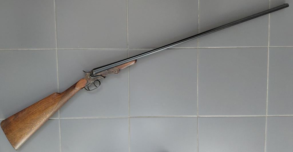 Antiek Belgisch dubbelloops hagel geweer kal .410 zwartkruit, Antiek en Kunst, Antiek | Overige Antiek, Ophalen of Verzenden