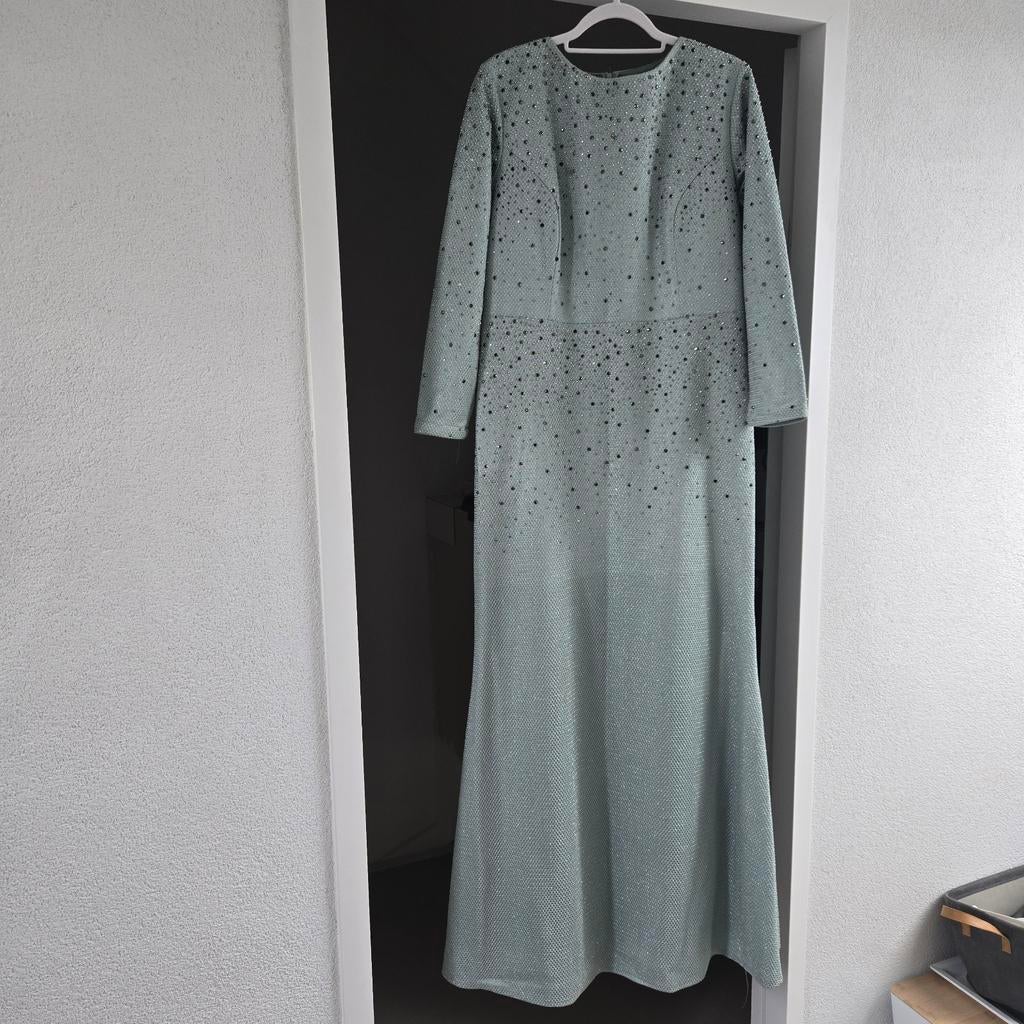 Elegante mintgroene gelegenheidsjurk met overrok, Maat 38/40 (M), Galajurk, Ophalen of Verzenden, Groen