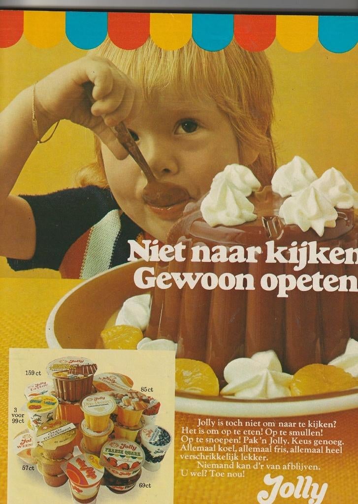 retro reclame 1972 Jolly toetjes jongetje met lepel, Verzenden, Overige typen