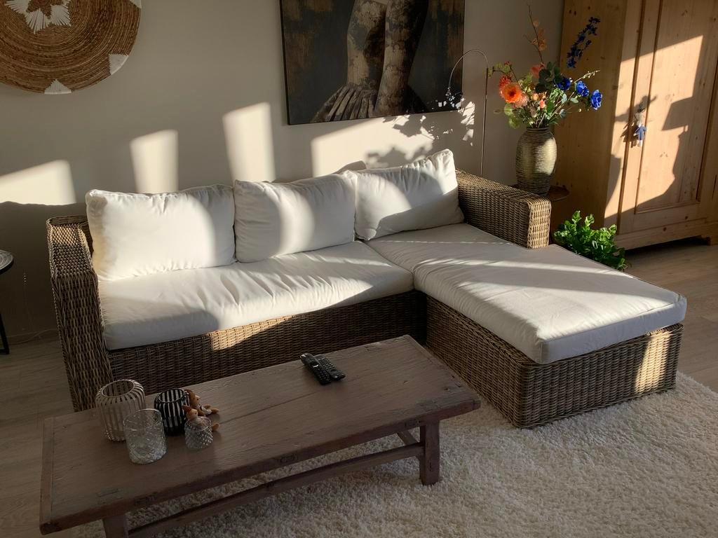 Comfortabele loungebank met chaise longue, Ophalen, Gebruikt, 100 tot 125 cm, Driepersoons