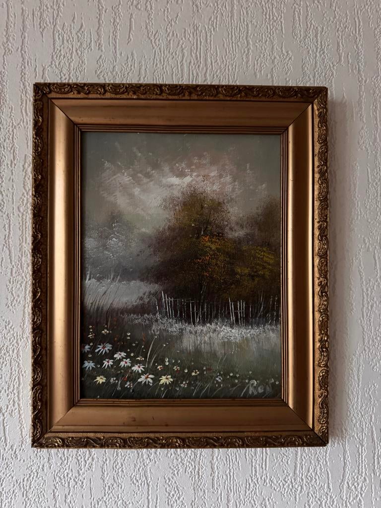 Schilderij met landschap en bloemen in gouden lijst, Antiek en Kunst, Kunst | Schilderijen | Klassiek, Ophalen of Verzenden