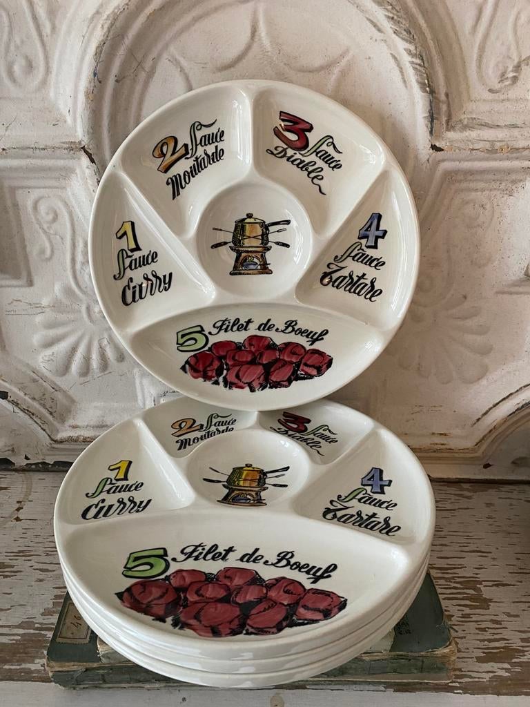 4 vintage fondue borden van Gien France, Huis en Inrichting, Keuken | Servies, Ophalen of Verzenden, Zo goed als nieuw, Overige stijlen