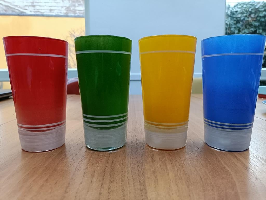 Vintage set 4 limonadeglazen- gekleurd, Verzamelen, Glas en Borrelglaasjes, Ophalen of Verzenden, Gebruikt