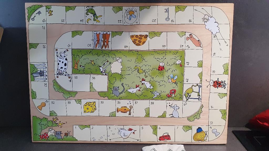 JanBibeJan Beestenboel, houten bordspel Ganzenbord. 8A10, Hobby en Vrije tijd, Tweedehands verkoop, Tweedehands verkoop, Gebruikt